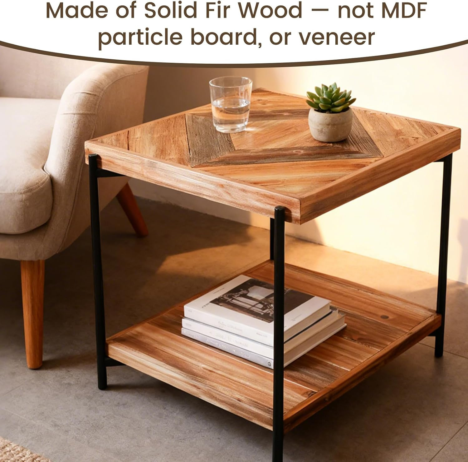 Stonecreek End Table 23 Inch, Solid Fir Wood Side Table with Metal Frame, 2-Tier