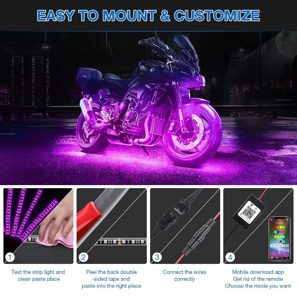 AMBOTHER 12 PCS Motorcycle LED Light, Bluetooth App Cotrol, Waterproof