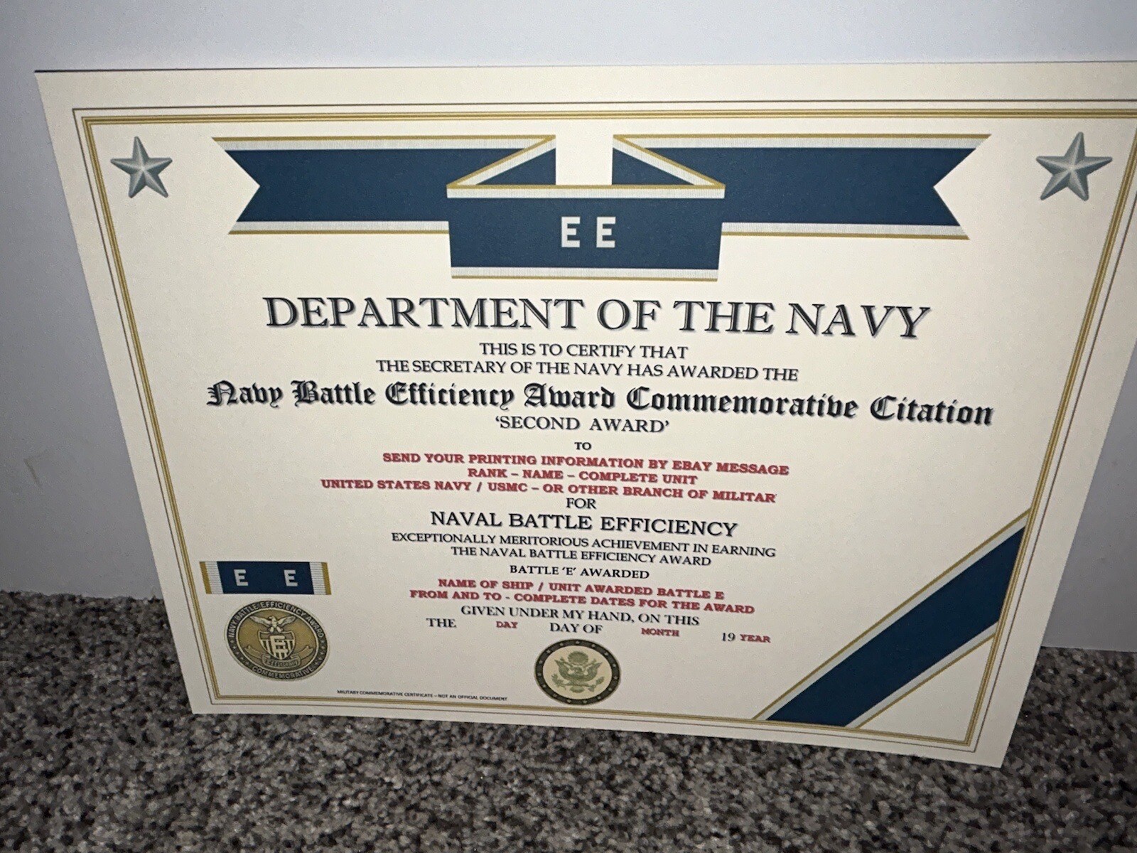 NAVY BATTLE E CITATION~2ND AWARD COMMEMORATIVE CERTIFICATE ~ TYPE-2 / W/PRINTING