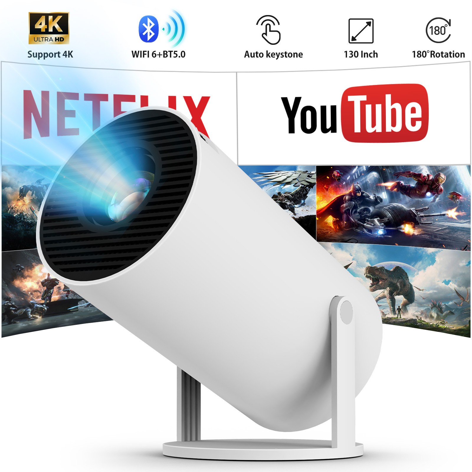 4K 1080P Mini Projector 10000 Lumen LED WiFi Bluetooth UHD Portable Home Theater