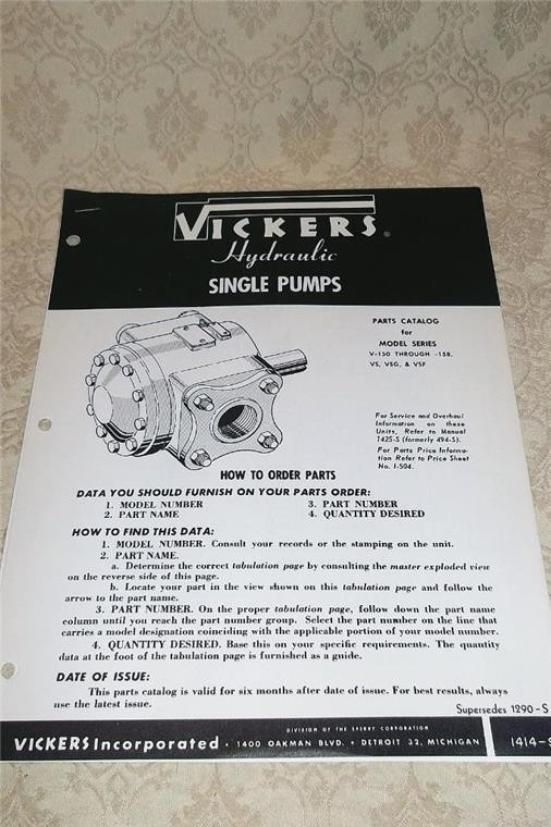 1955 VICKERS HYDRAULIC SINGLE PUMPS PARTS CATALOG ORDERING INFORMATION LEAFLET