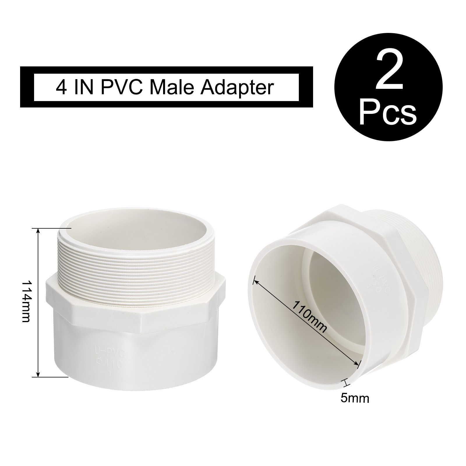 2 Pcs Union PVC Pipe Fitting 4" Male Adapter Thread Connector, White