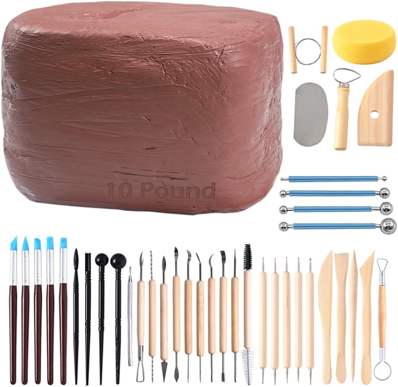 Creative 10LB Natural Modeling Clay + 40 Durable Tools for Pottery Lovers