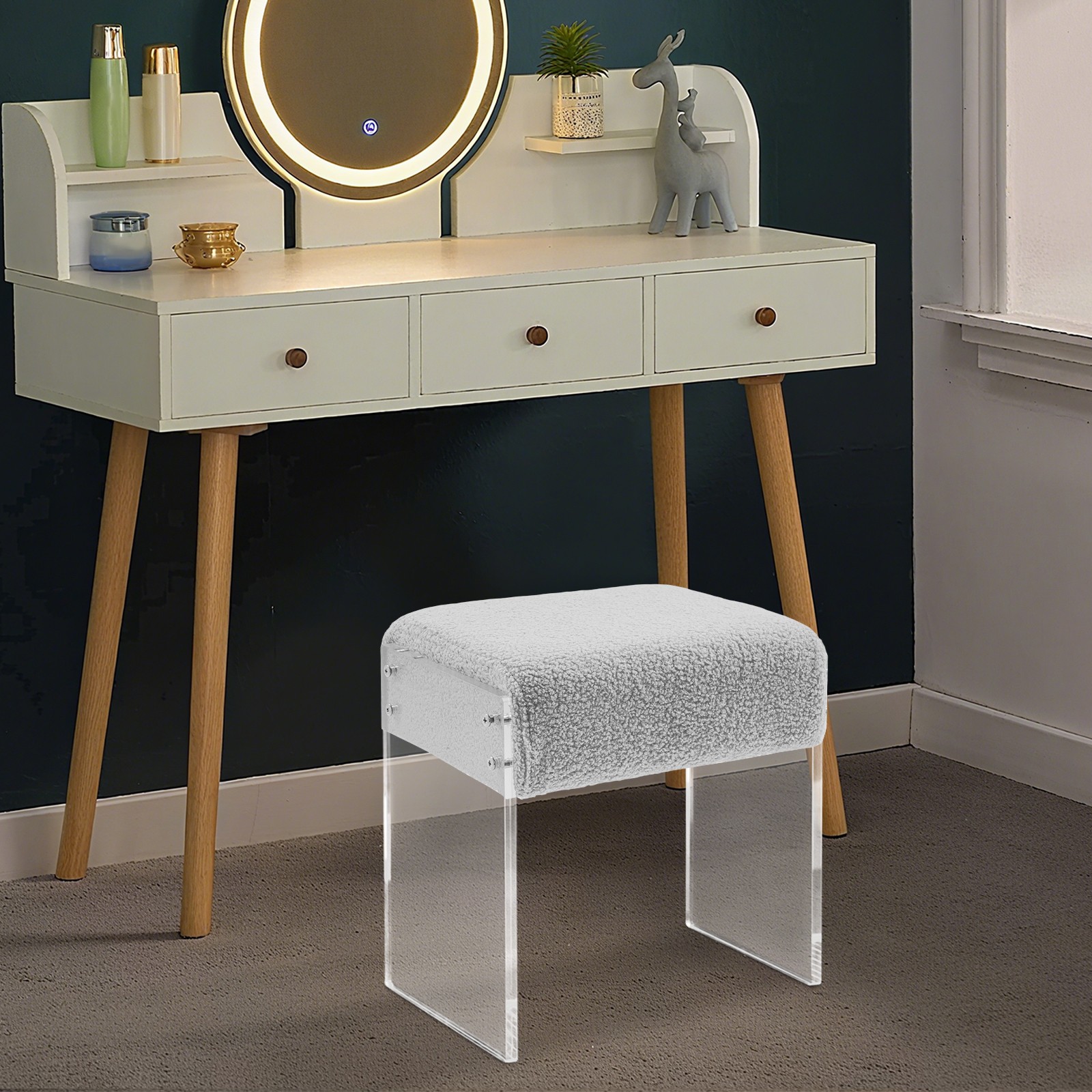 Modern Minimalist Acrylic Stool Chair, Makeup Stool Chair with Cushion Grey