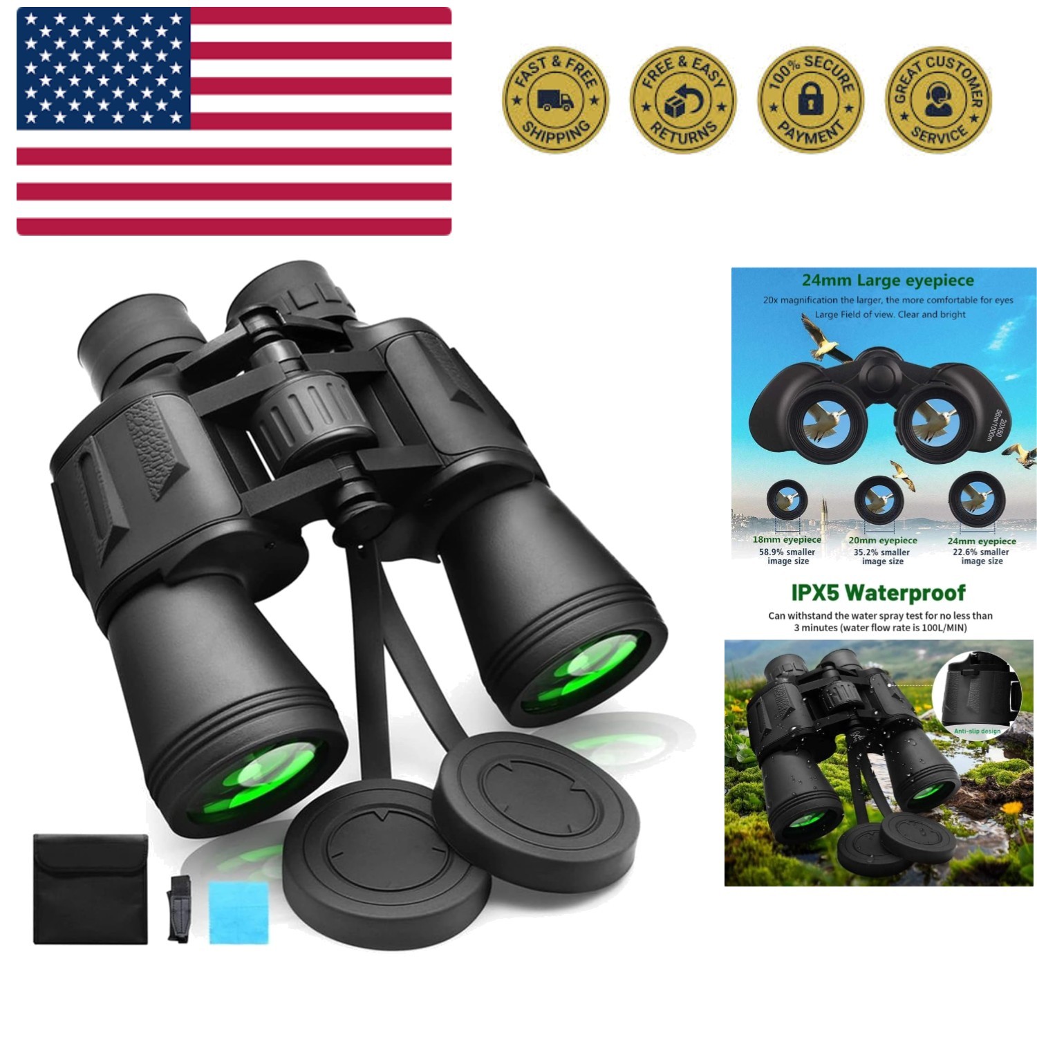 Binoculars for Adults 20x50 High Power Low Light Waterproof HD Compact Binocu...