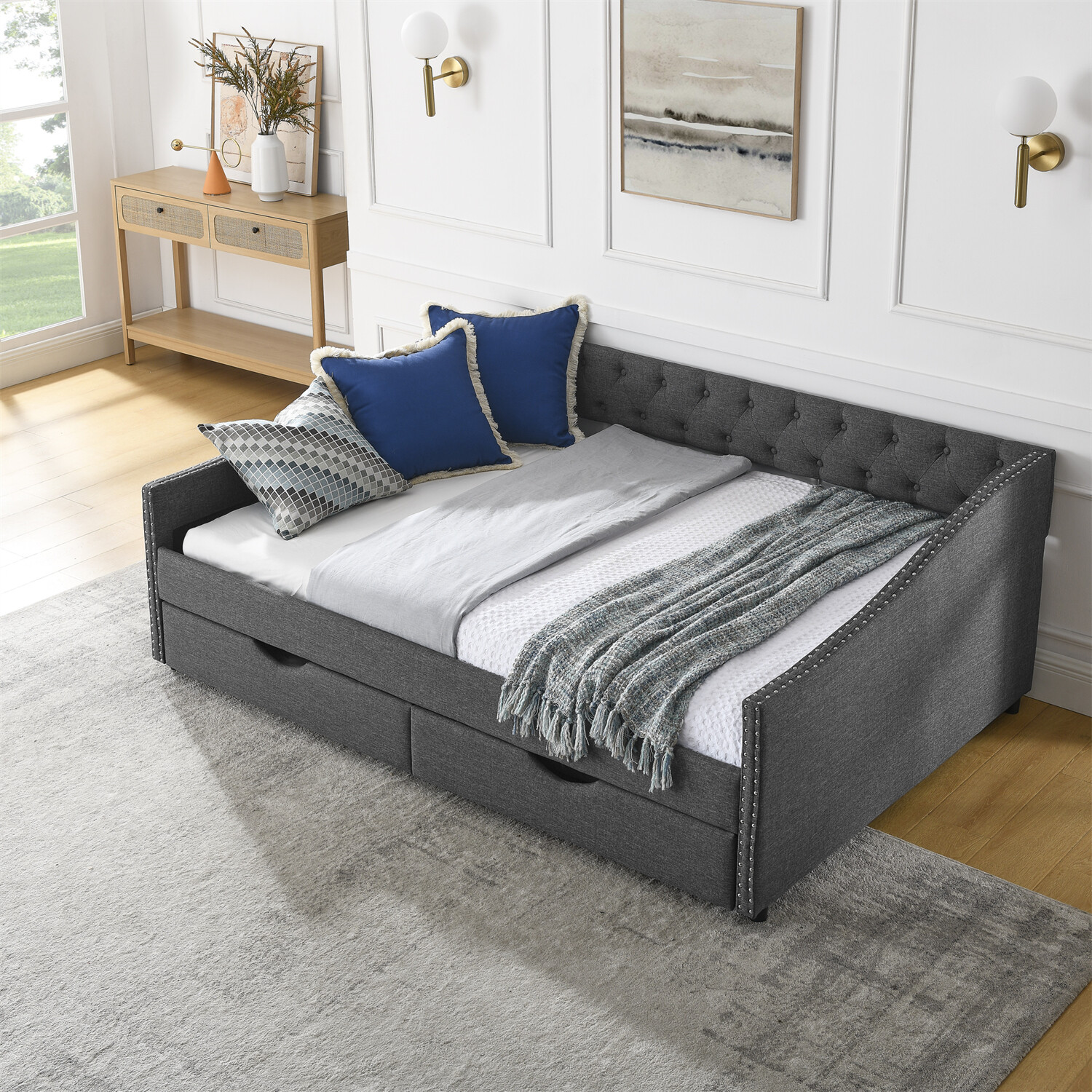 Full Size Daybed Upholstered Bed Frame Sofa Bed with 2 Storage Drawer US