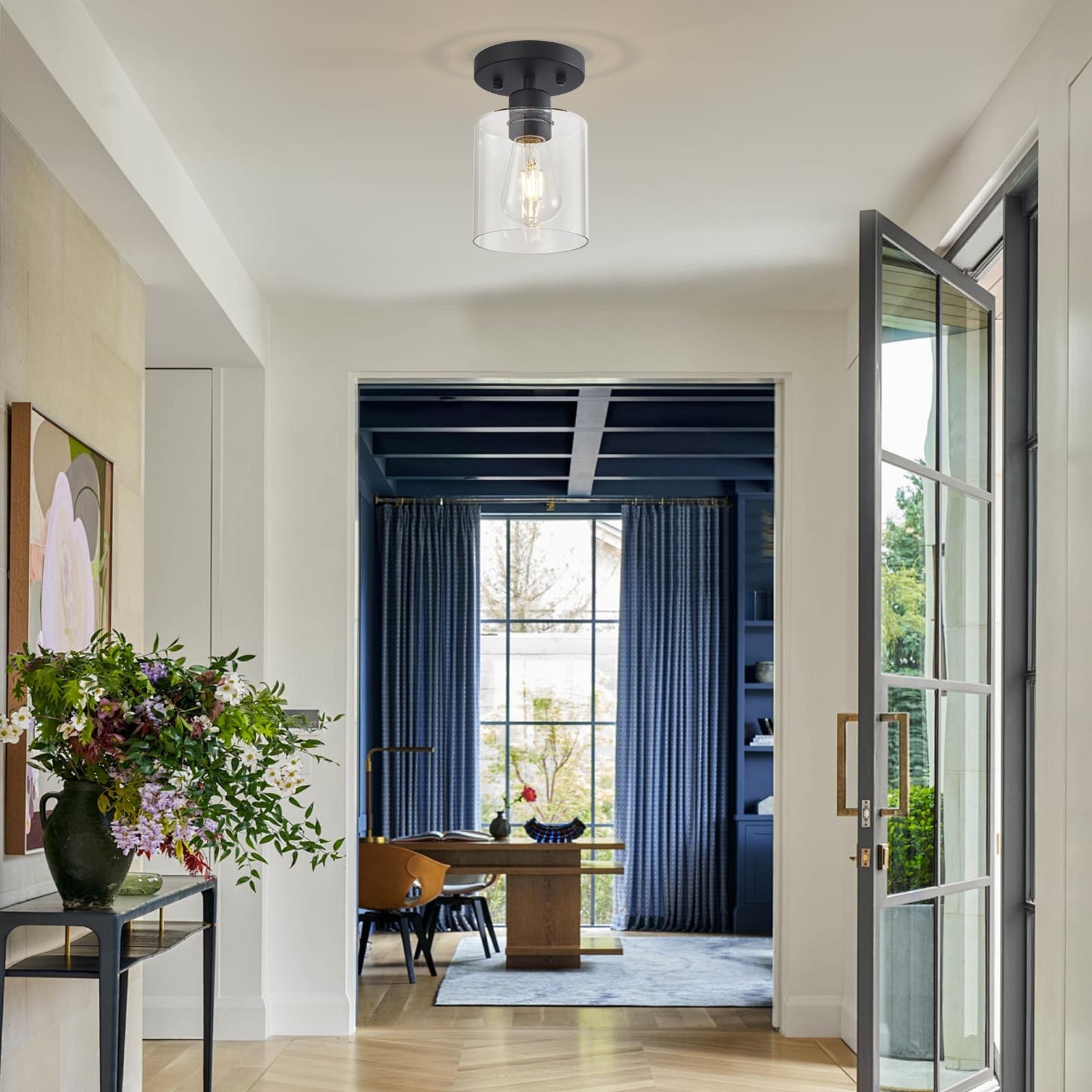 Black Semi Flush Mount Ceiling Light, 1-Light Ceiling Light Fixtures, Farmhou...