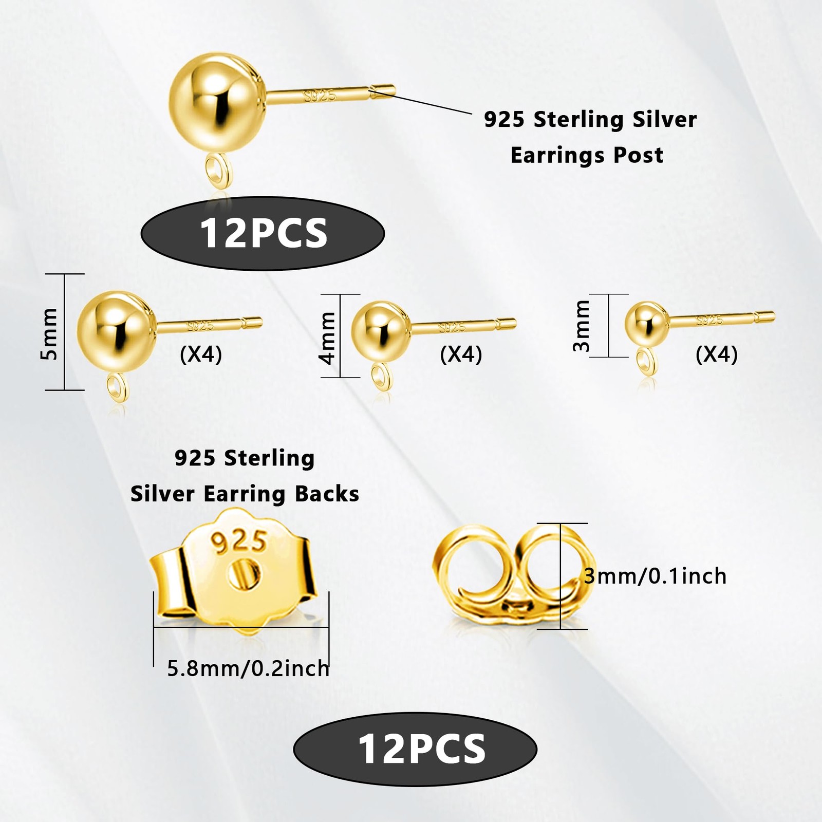 12Pcs Gold Earrings Making Supplies Ball Studs Post with Loop Ear Backs | Hyp...