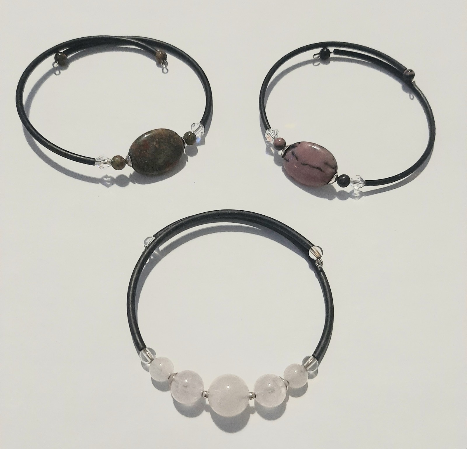 3 Gemstone Bead Memory Wire Bracelets Rose Quartz Rhodonite Unakite Wicca Reiki