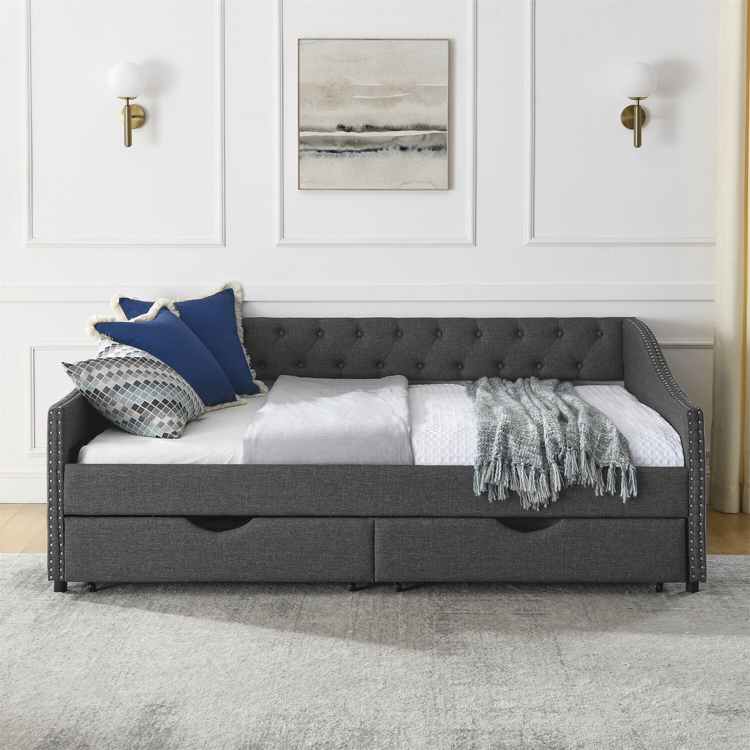 Full Size Daybed Upholstered Bed Frame Sofa Bed with 2 Storage Drawer US
