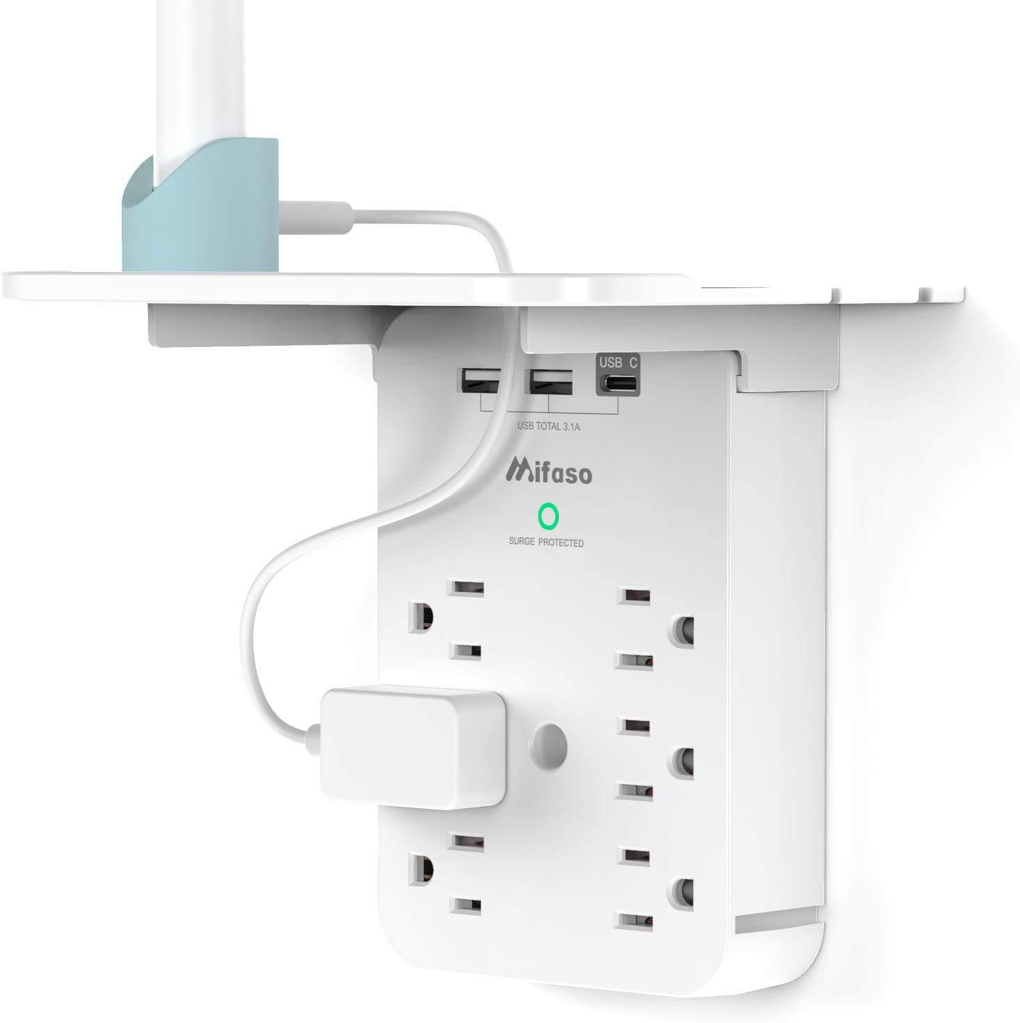 Wall Outlet Extender with Surge Protector 6 AC Outlets Shelf 2 USB & USB C