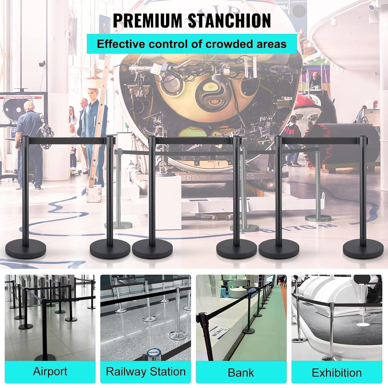 2Pcs Crowd Control Barrier Queue Poles w/ Retractable Belt Stanchion Posts Black
