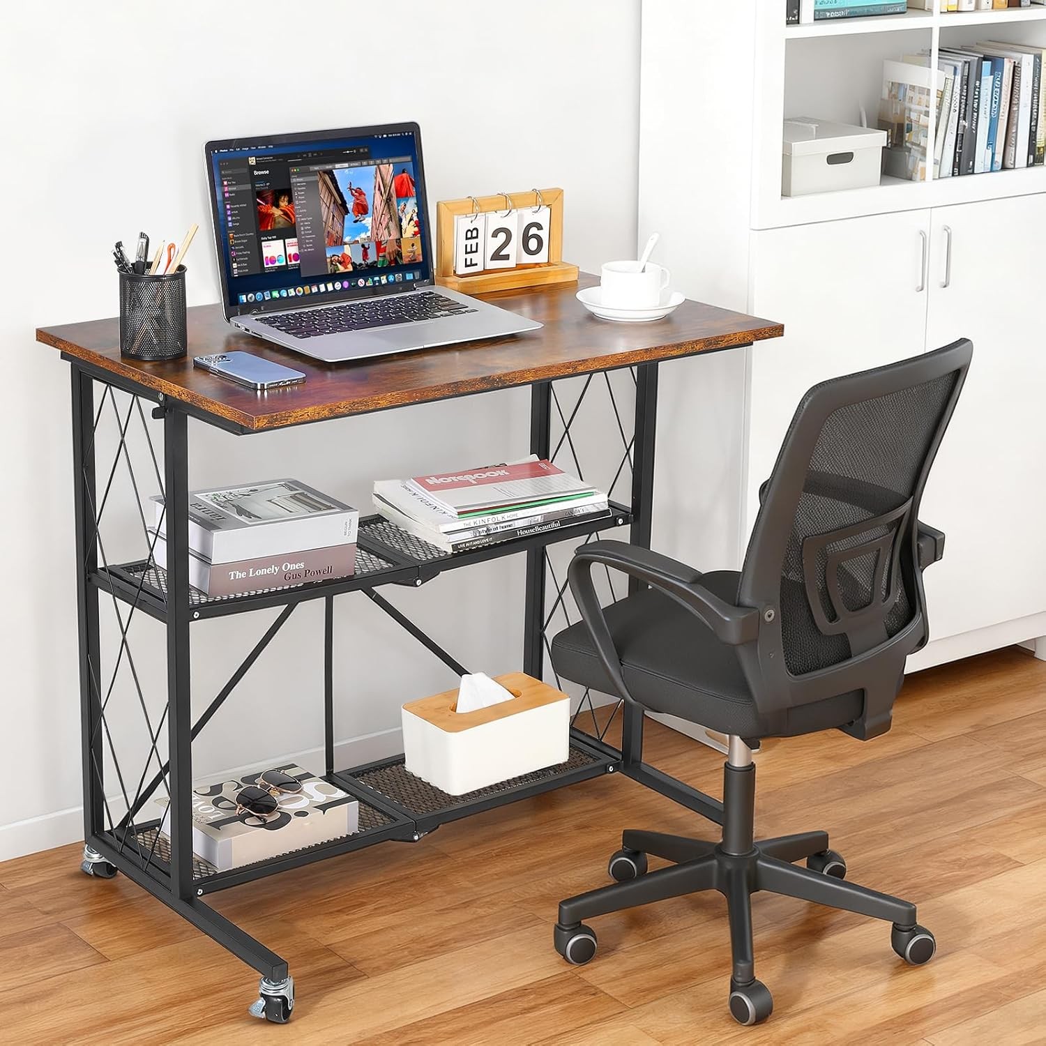 3 Tier Foldable Desk with Wheels 31.5in Large Capacity Shelving Unit Organizer