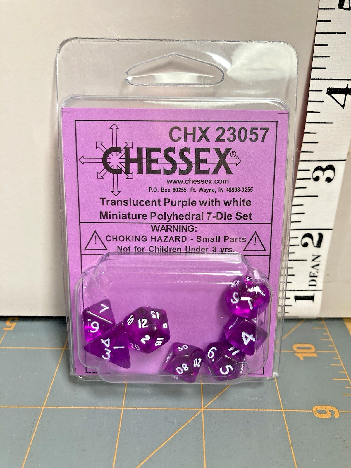 Chessex Translucent Purple w/ White Mini Polyhedral 7-die Set CHX23057 dice
