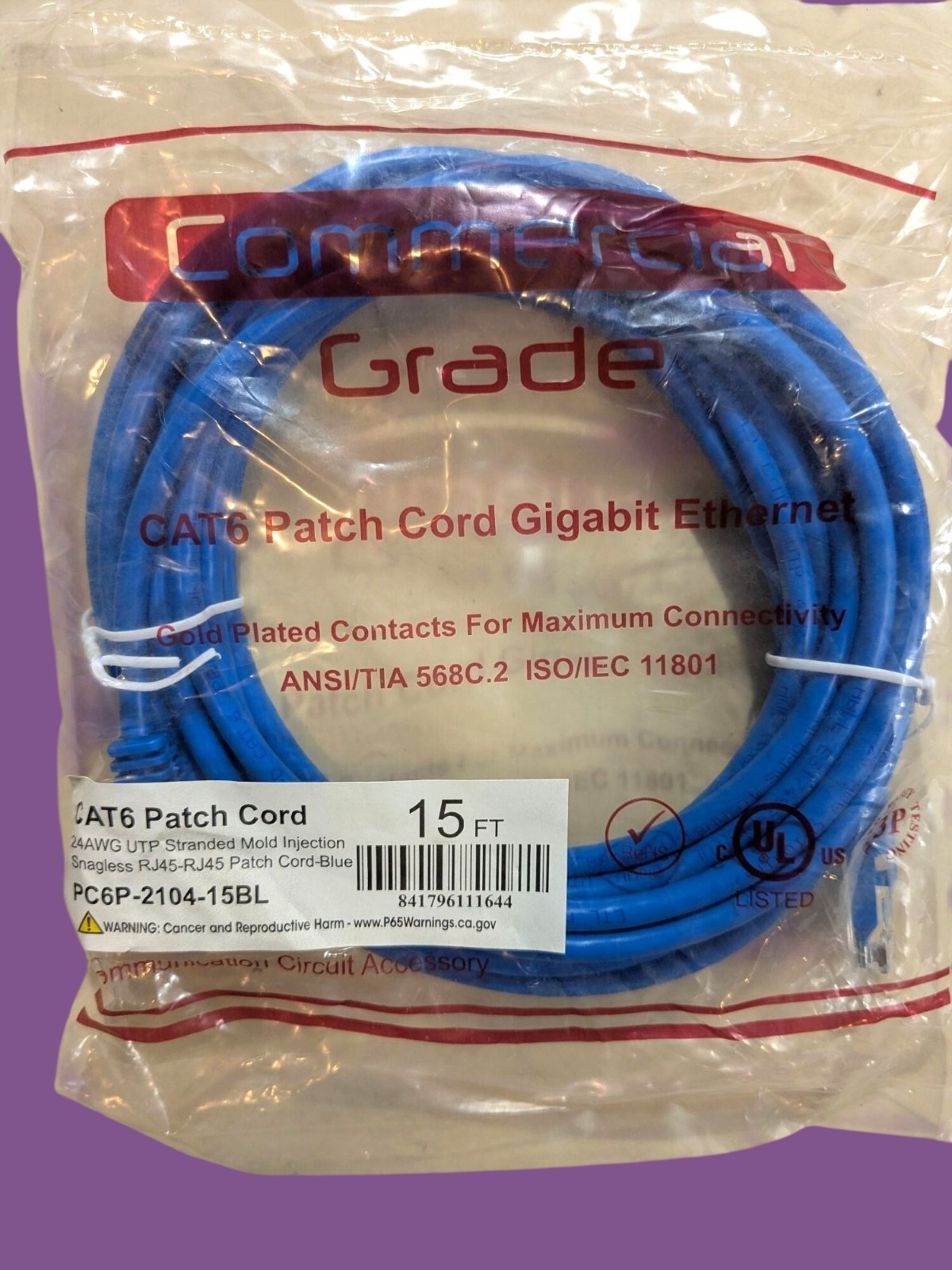 Commercial Grade CAT6 Ethernet Patch Cord 15 Ft Blue - Snagless RJ45