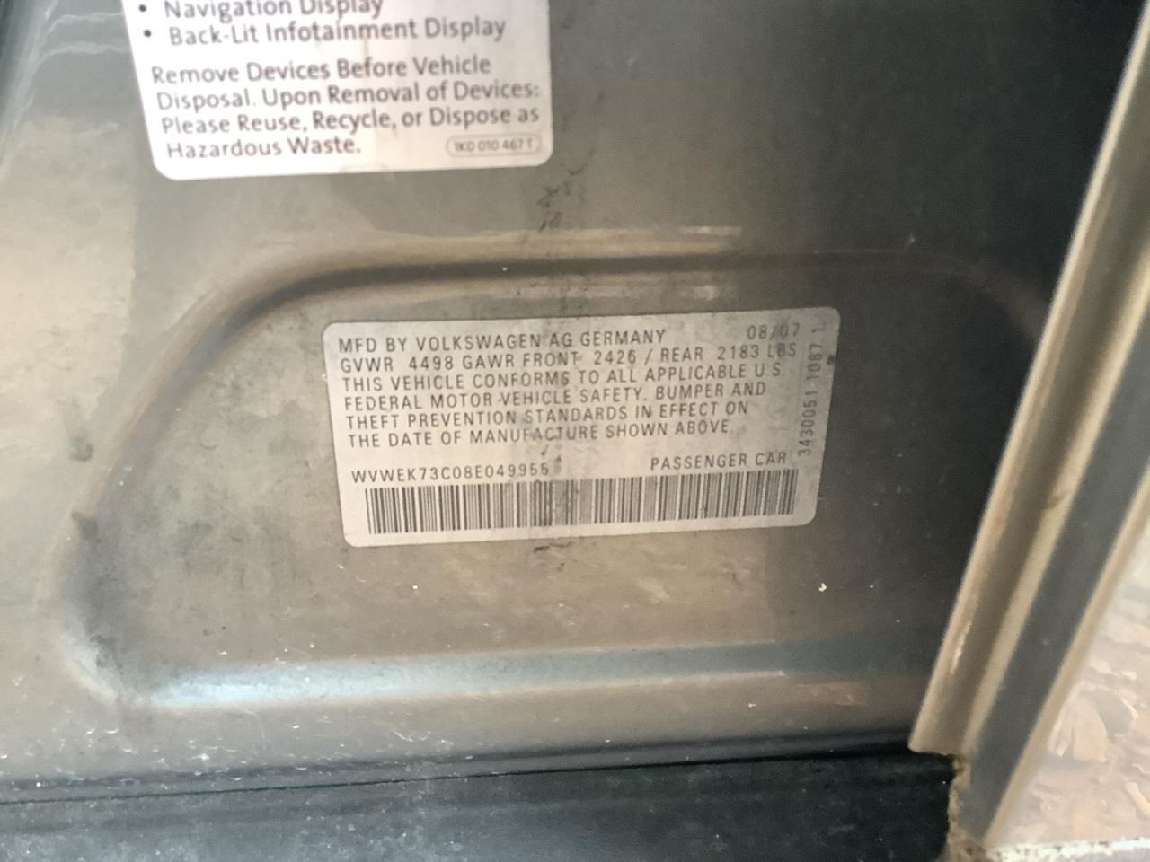 PASSAT 2008 Glove Box 4677081