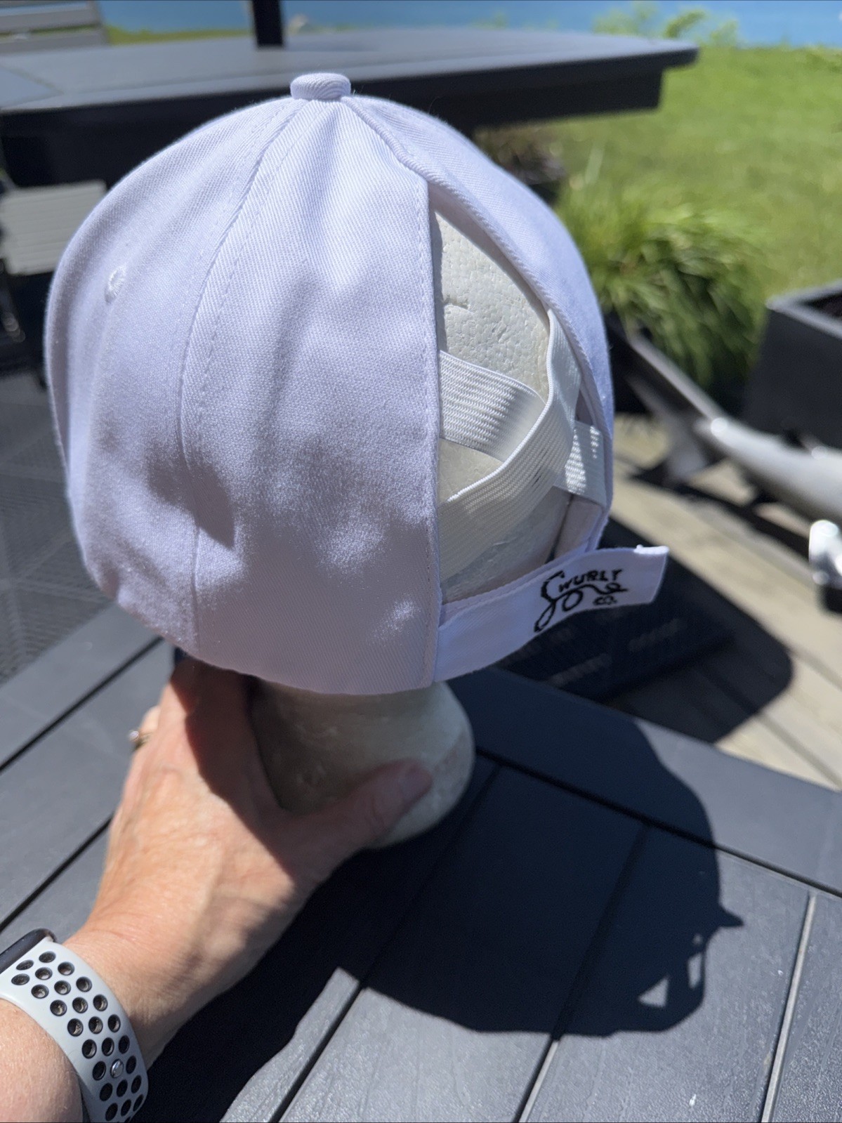 Swurly Co Black Logo on Silk Lined Baseball Hat Cap White Pony Tail Opening EUC