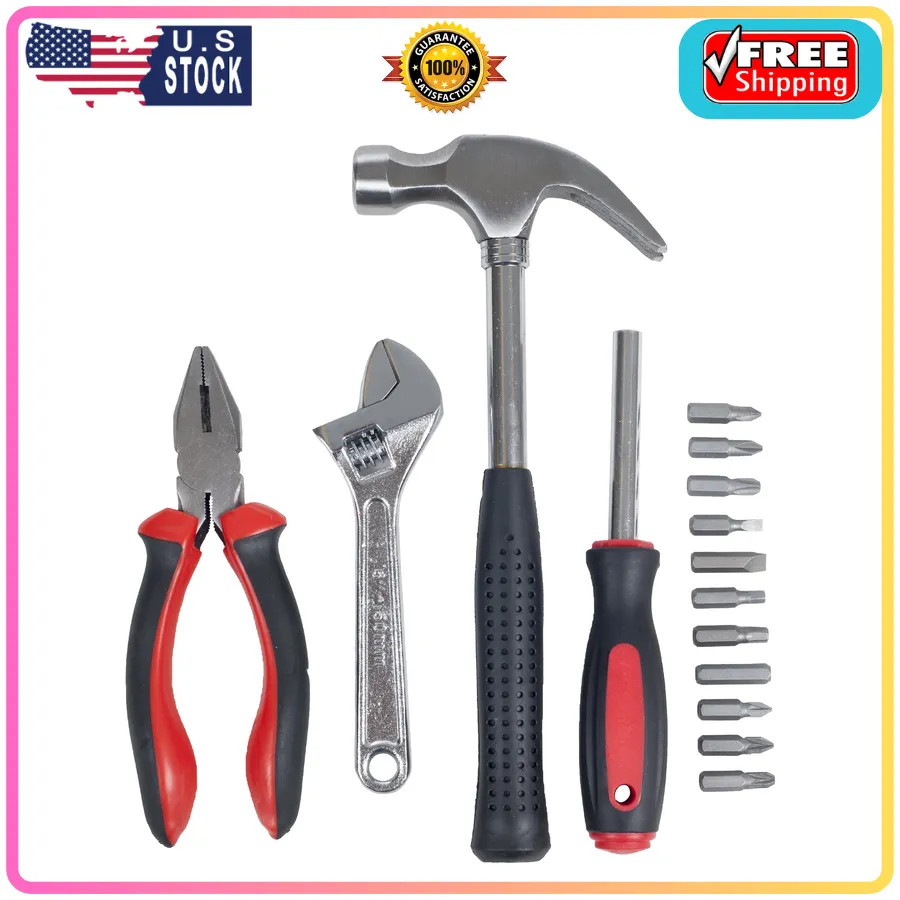 Stalwart 15 Piece Tool Set with Hammer and Multi Bit Screwdriver Red