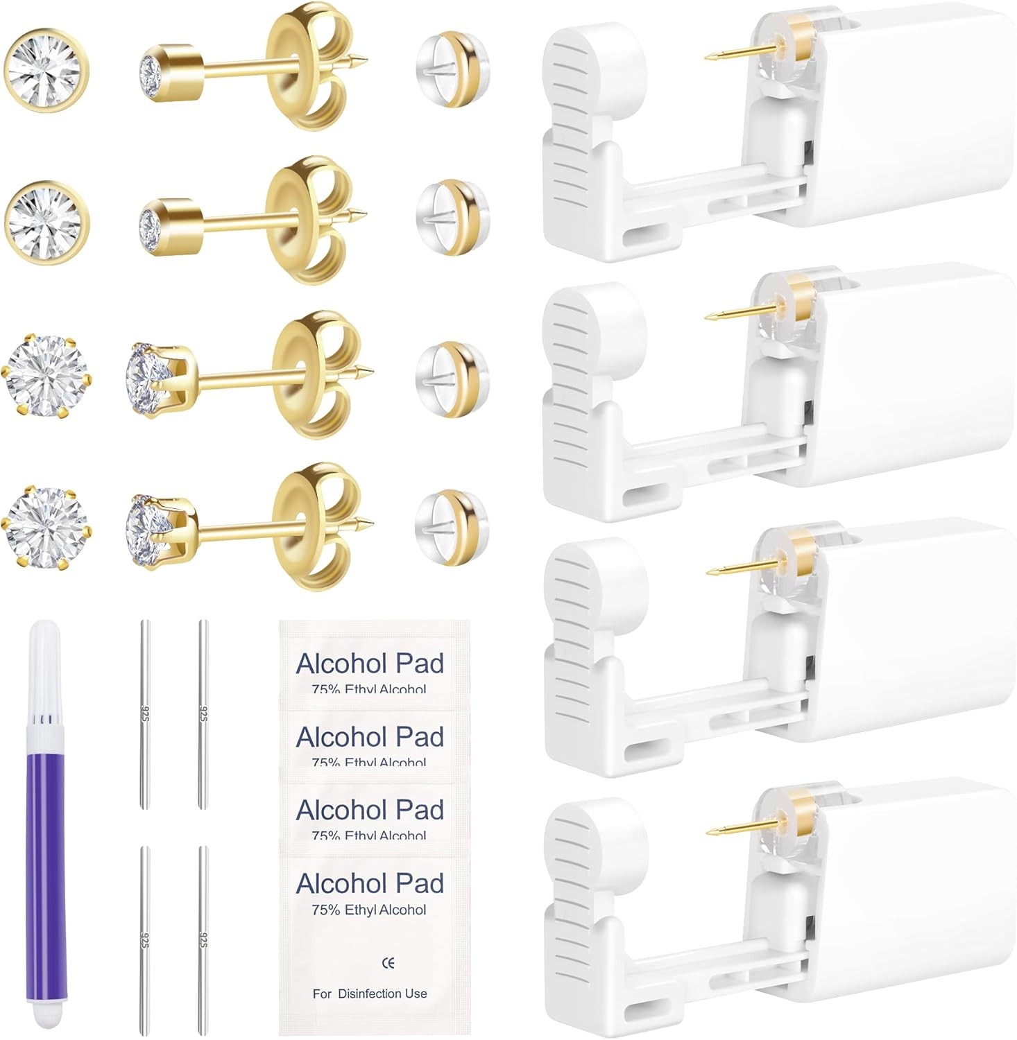 4Pcs Ear Piercing Kit, Disposable Piercing Kit, Easy and Safe Ear Piercing Gun K