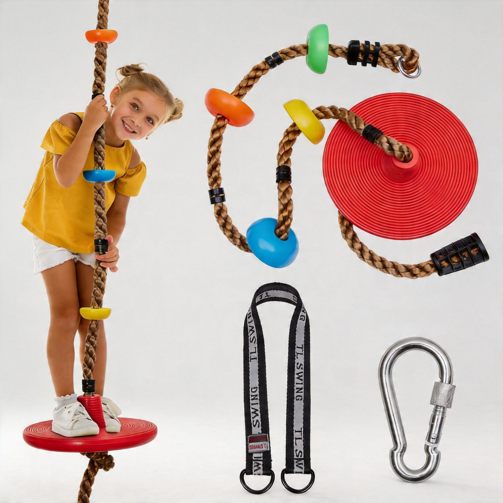 DECORLIFE Tree Swing for Kids Climbing Rope Disc Swing with Platforms, Red