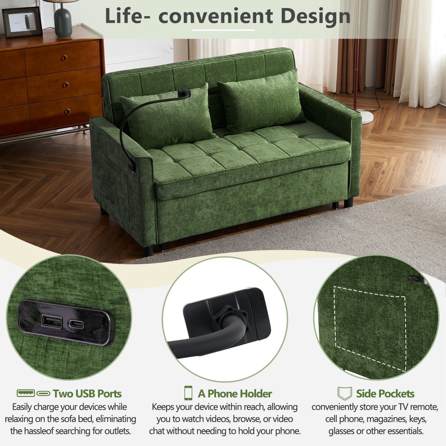 56.9'' Convertible Sleeper Sofa Bed Loveseat Sofa w/ Pull Out Bed & USB Ports