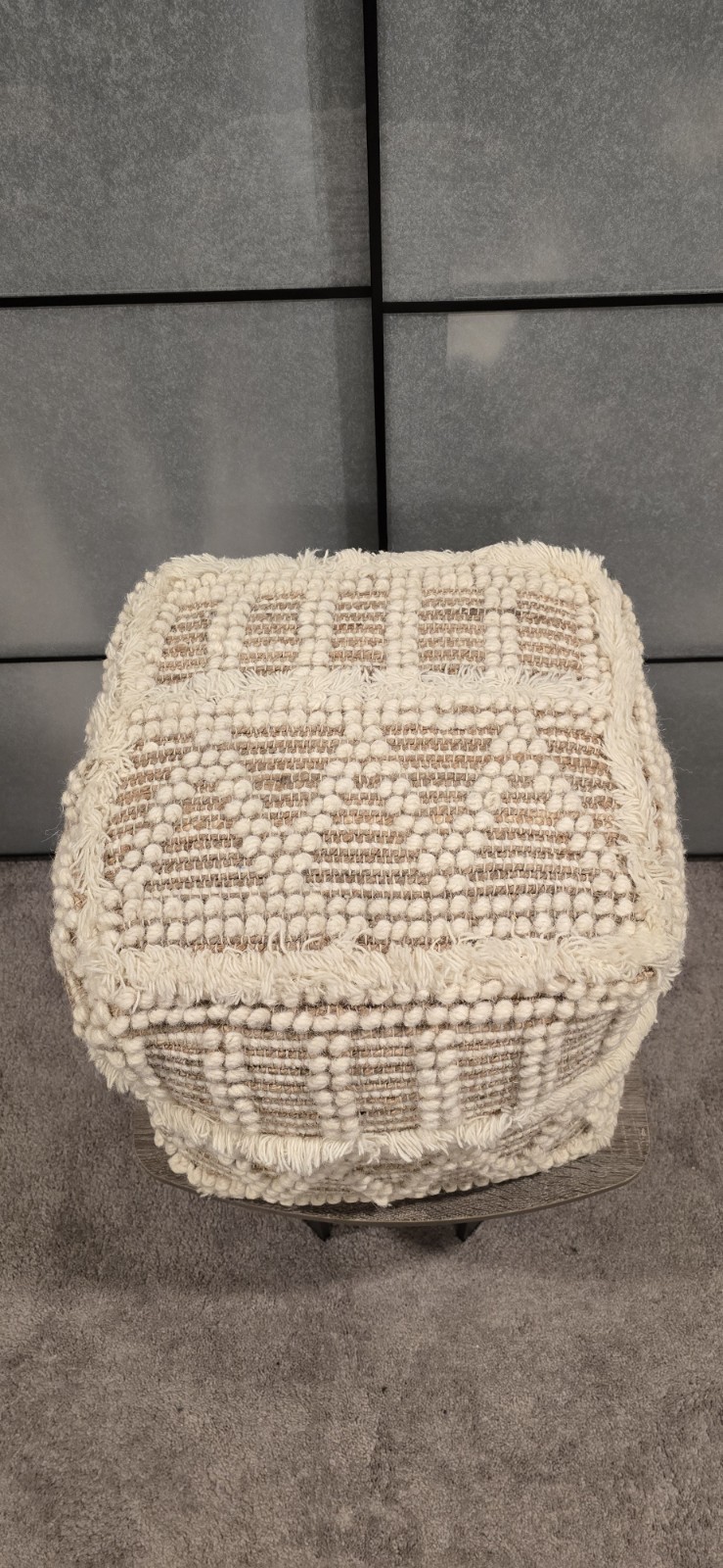 Square Boho Geometric Pouf Ottoman Footstool, Beige/White, Removable Cover 16"