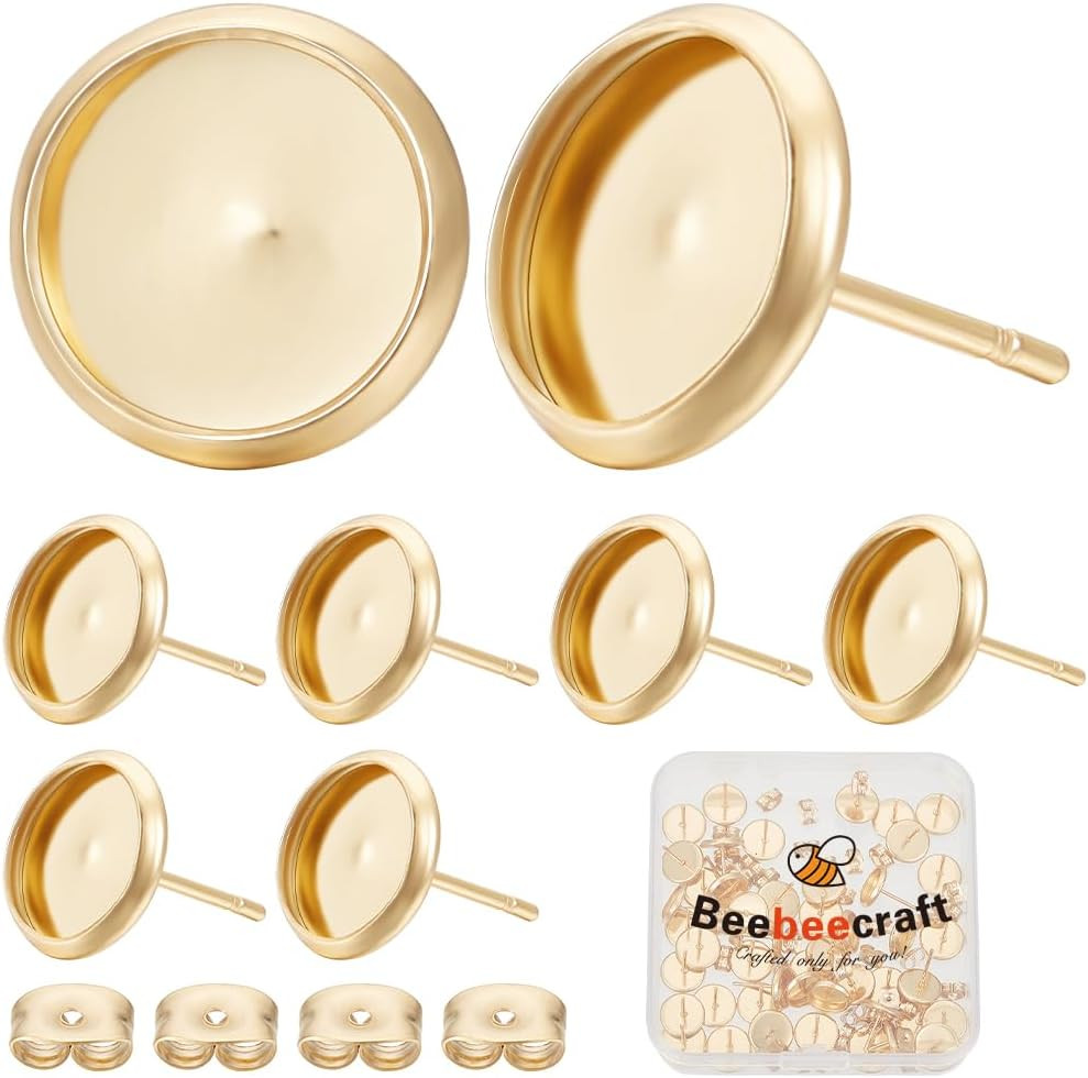 Beebeecraft 1 Box 50Pcs Post Stud Earring Findings 18K Gold Plated round Prong B