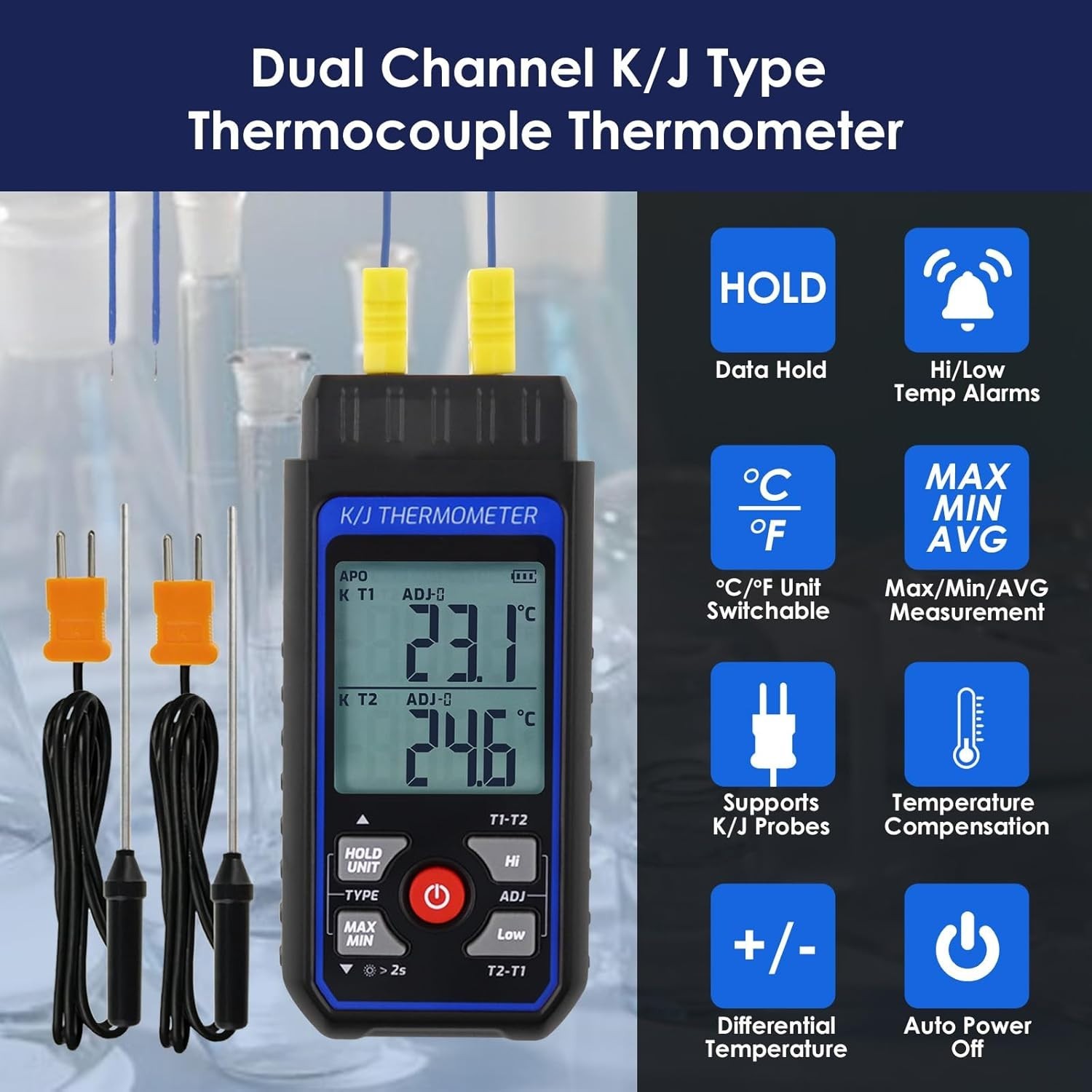 Professional Dual-Channel K/J Thermocouple Thermometer, Range -328°F to 2501°F