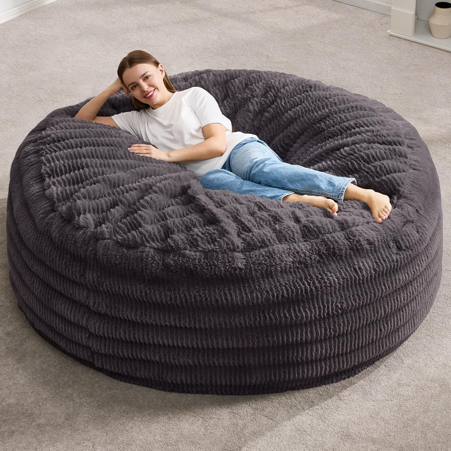 Giant Dark Grey Bean Bag Chair for Adults - 5FT Fluffy Ripple Cover