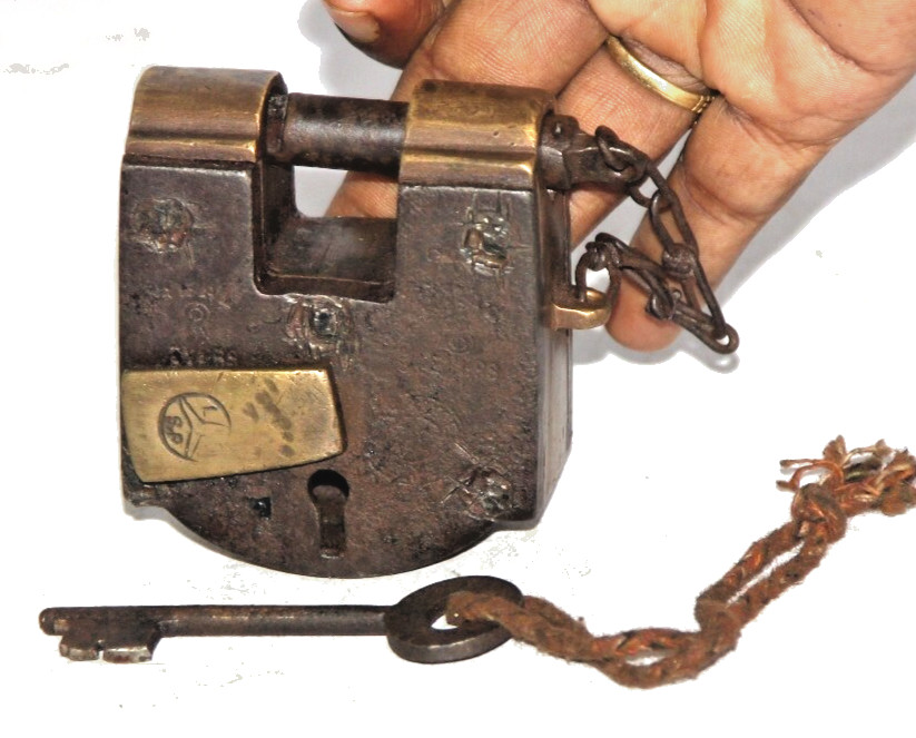 Vintage Iron Puzzle Padlock Brass Fitted Tag Handcrafted Old Original