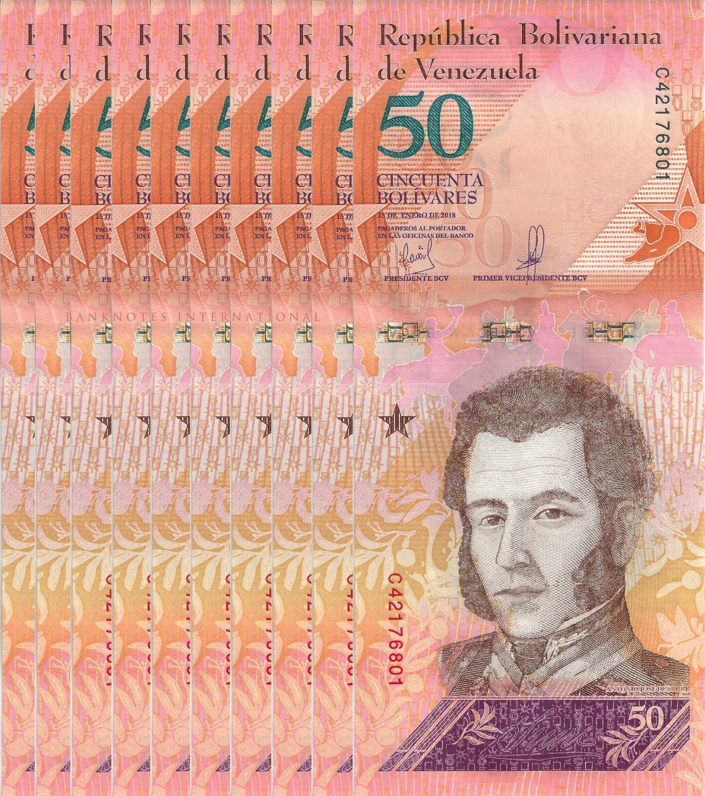 VENEZUELA 50 BOLÍVARES SOBERANO 2018 P 105 UNC X 10 PCS Lot