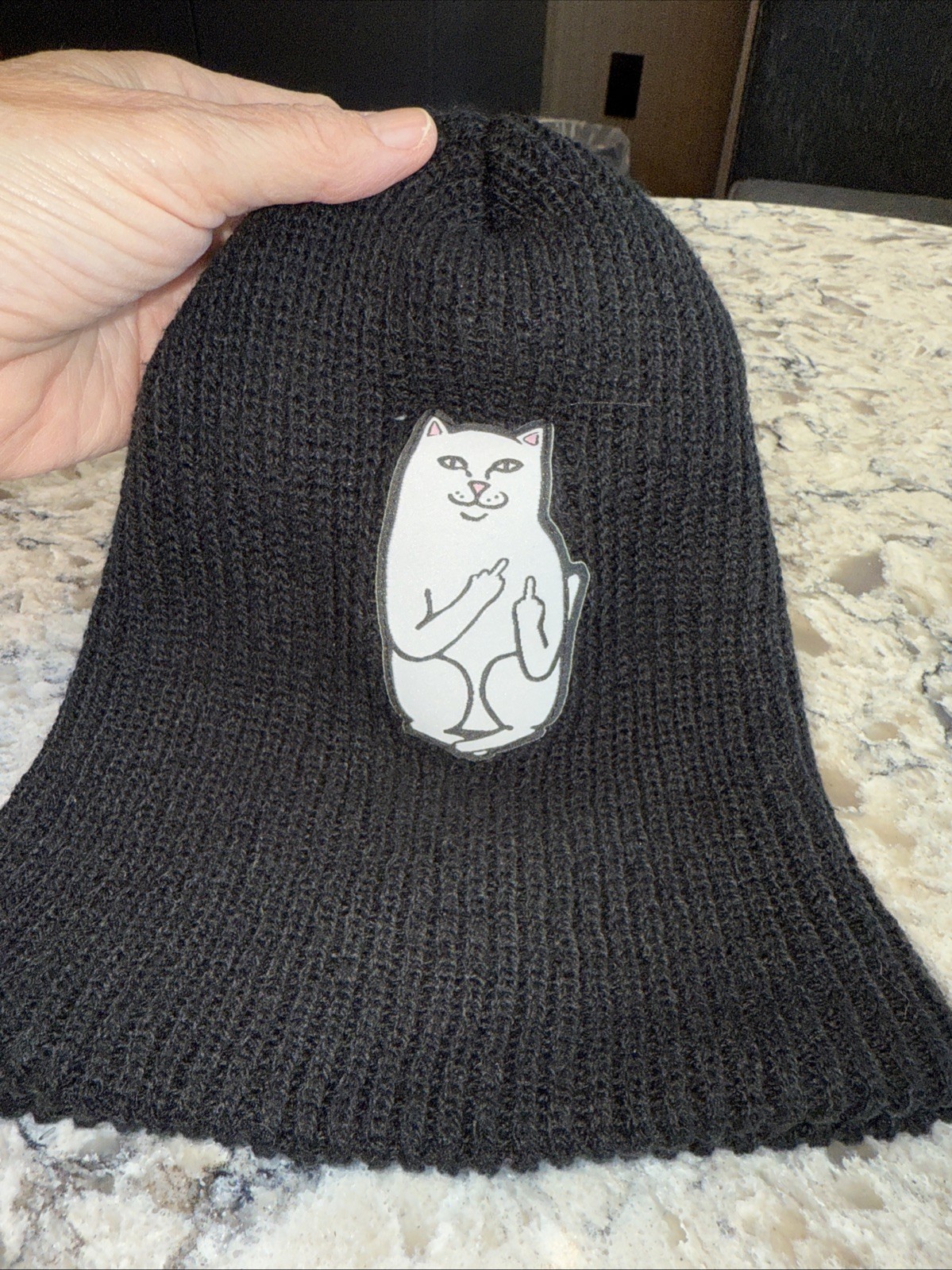 Lord Nermal RIPNDIP white Sticker on Black stocking hat Cat giving the finger