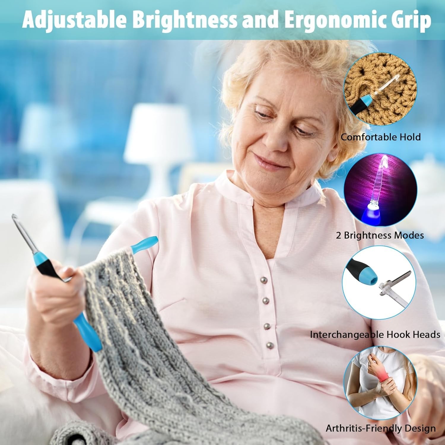 All-in-One Lighted Crochet Set - Ergonomic Hooks with Interchangeable Heads