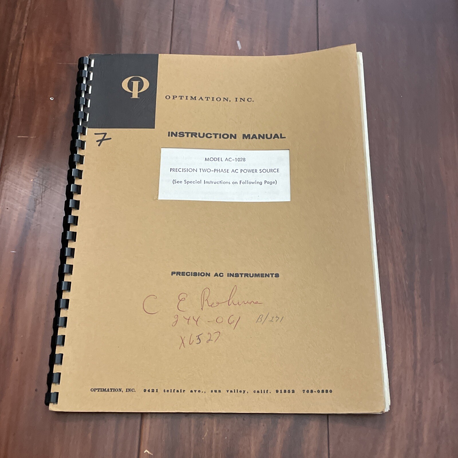 Optimation Model AC-1028 Precision Two-Phase AC Power Source Instruction Manual