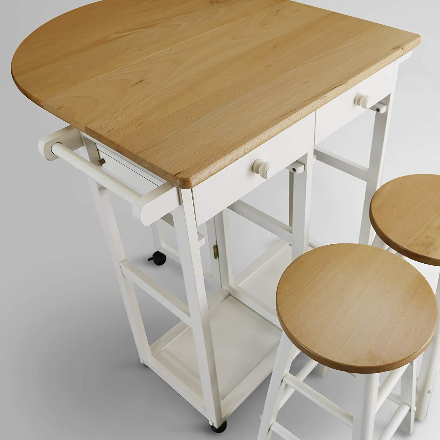 White Wooden Kitchen Breakfast Cart Set Dining Table Stools Rolling Island Pub