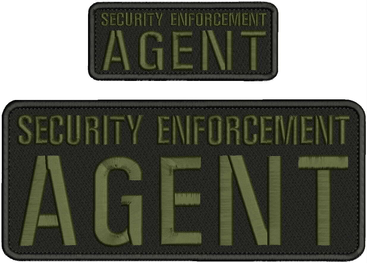 SECURITY E  AGENT EMBROIDERY PATCH 4X10 AND 2X5 HOOK ON BACK  OD GREEN ON BLACK