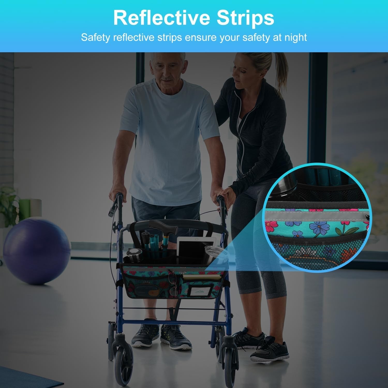 Rollator Basket, Rollator Walker Bag w/Cup Holder, Foldable Rolling Walker Wa...