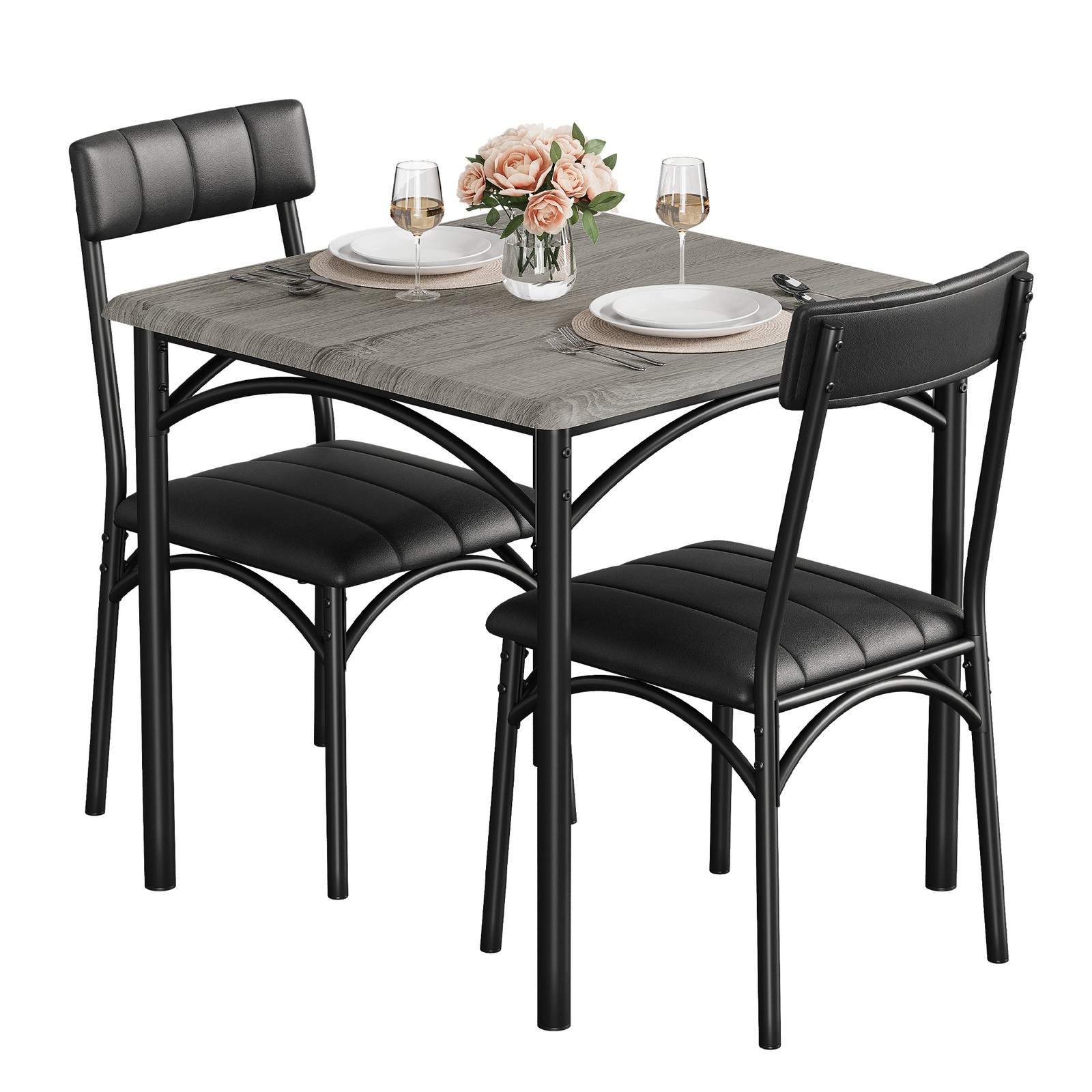 Rustic Dining Table Set for 2,Square Table with Upholstered Chairs for Apartment