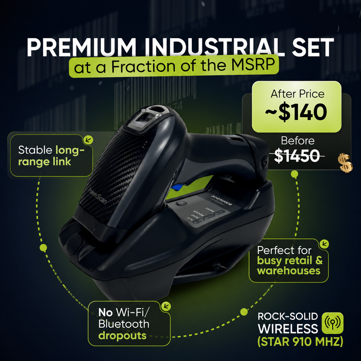 Wireless 2D/QR Handheld Barcode Scanner - Similar to Datalogic PM9100-433RBK10✅