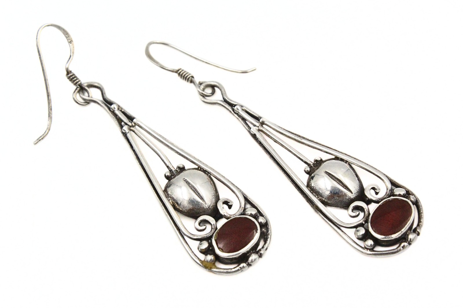 Graceful Signed Sterling Silver Cut Out Swirl Garnet Dangle Drop Earrings