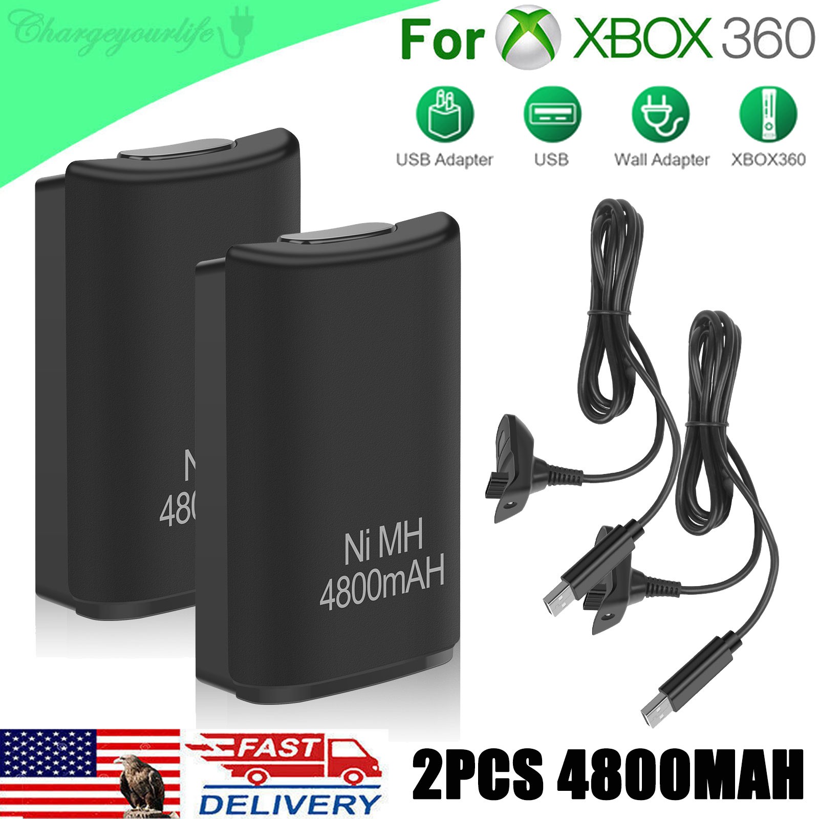 2pcs Rechargeable Battery Pack USB 4800mAh Charger Cable For XBox 360 Controller