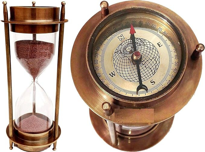 7" Nautical Brass Sand Timer Hourglass with Maritime Brass Compass Table Decor