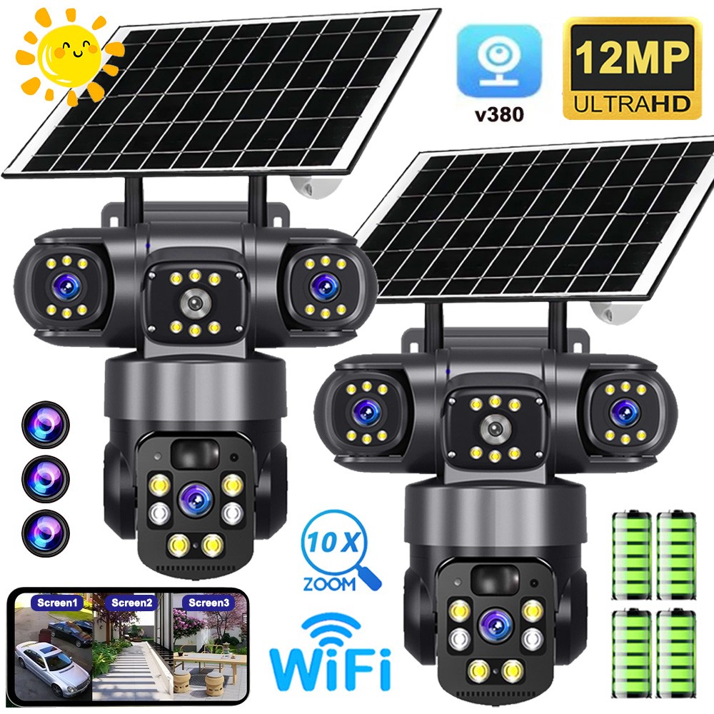 2x 12MP 3 Lens Solar Battery Home Security Camera Outdoor Wifi Wireless PTZ CCTV