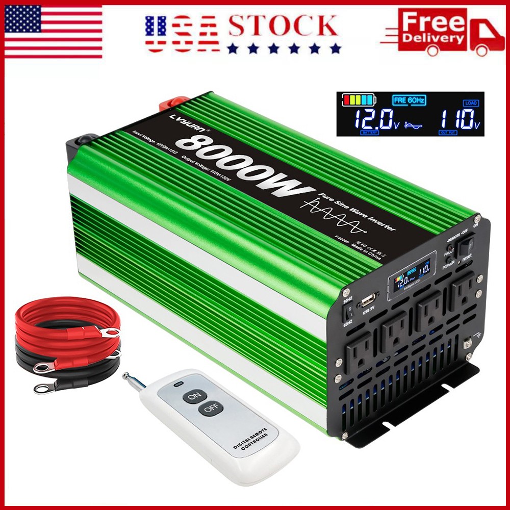 4000W 8000W Pure Sine Wave Power Inverter 12V DC To 110V AC Converter Camping US