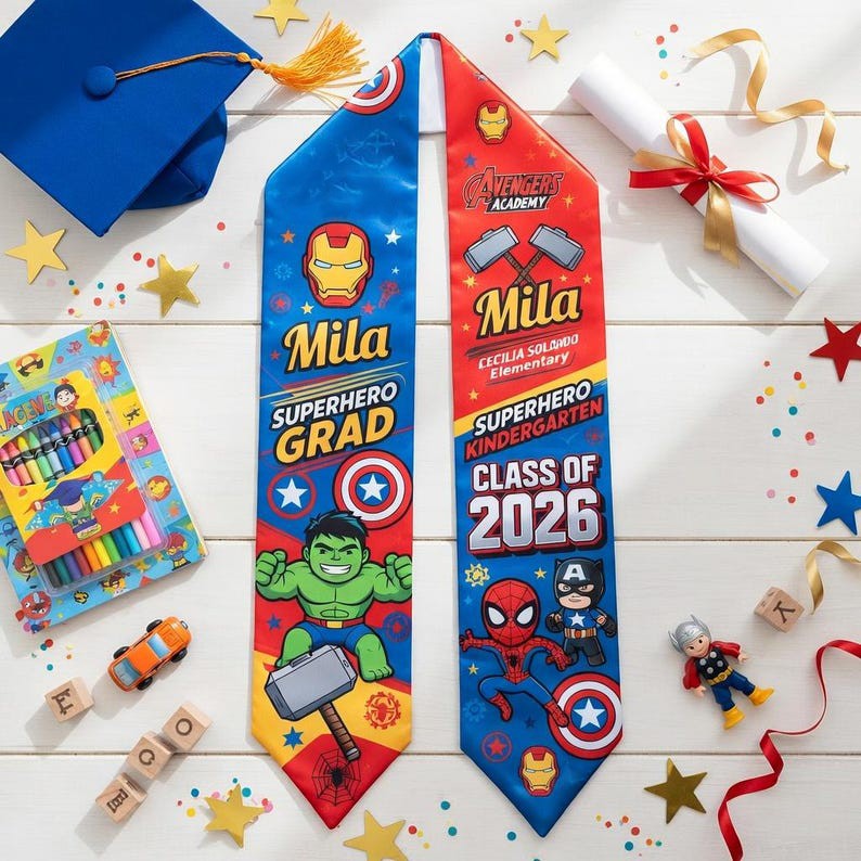 Custom Supehero Grad Kindergarten Sash Outfit Class Of 2026 Graduation Stole