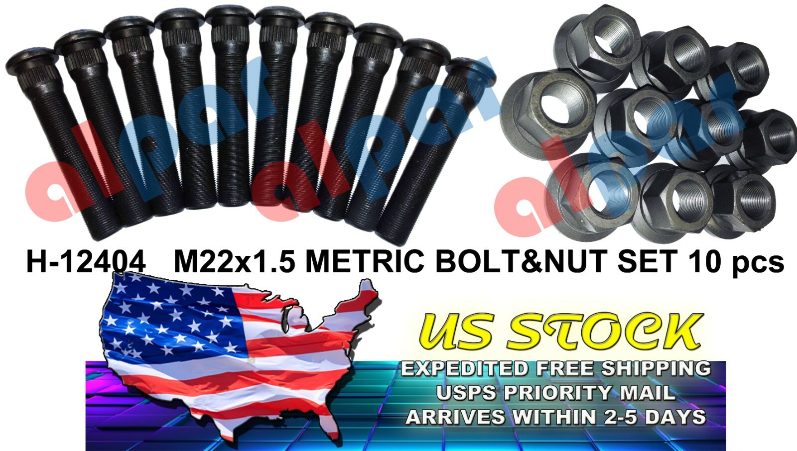 M22x1.5 Serrated Lug Stud & Nut Set of 10 pcs RRef: E-6034+E-6000