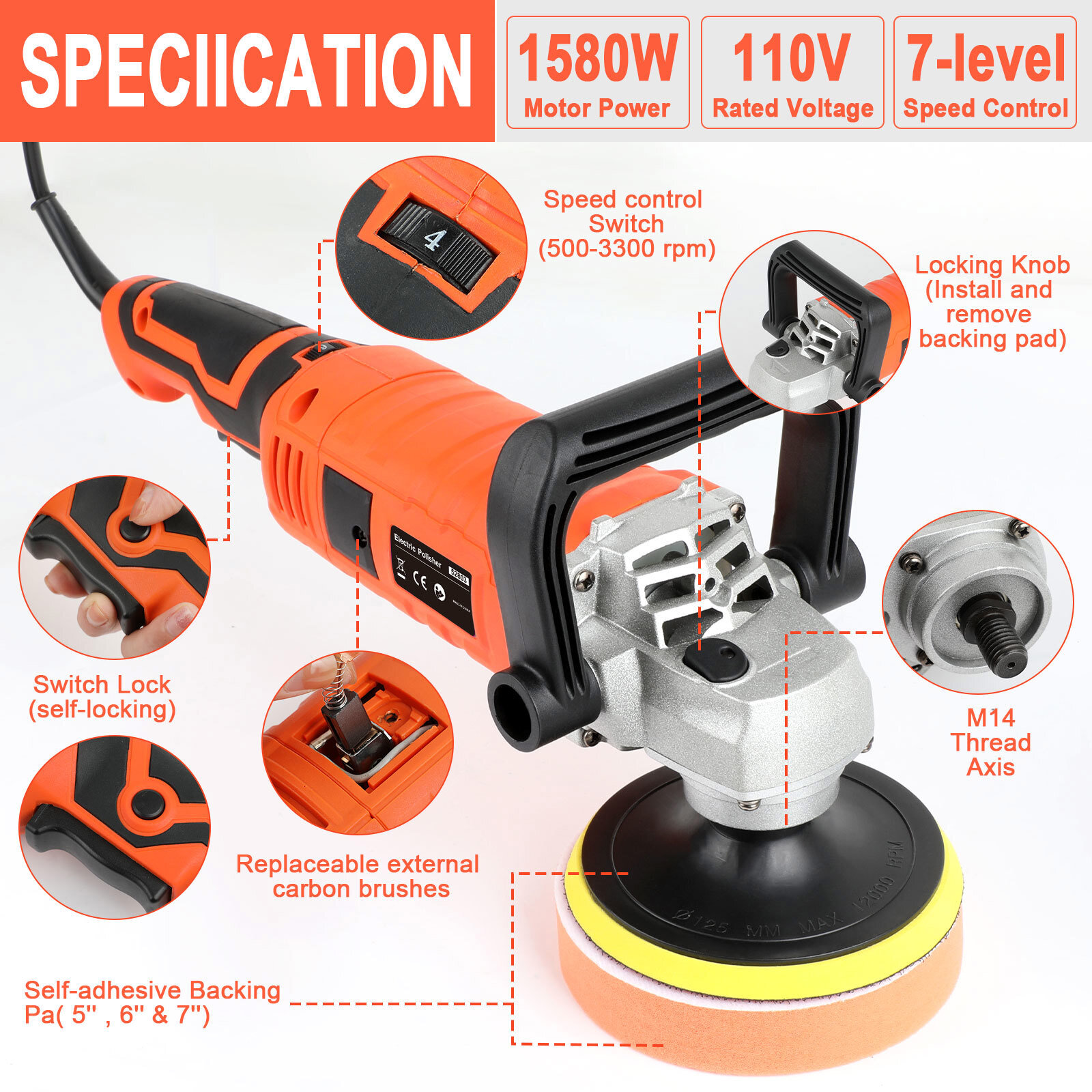 Car Buffer Polisher Waxer 7-Speed Rotary 6" + 7" Backing Plate Polishing Machine