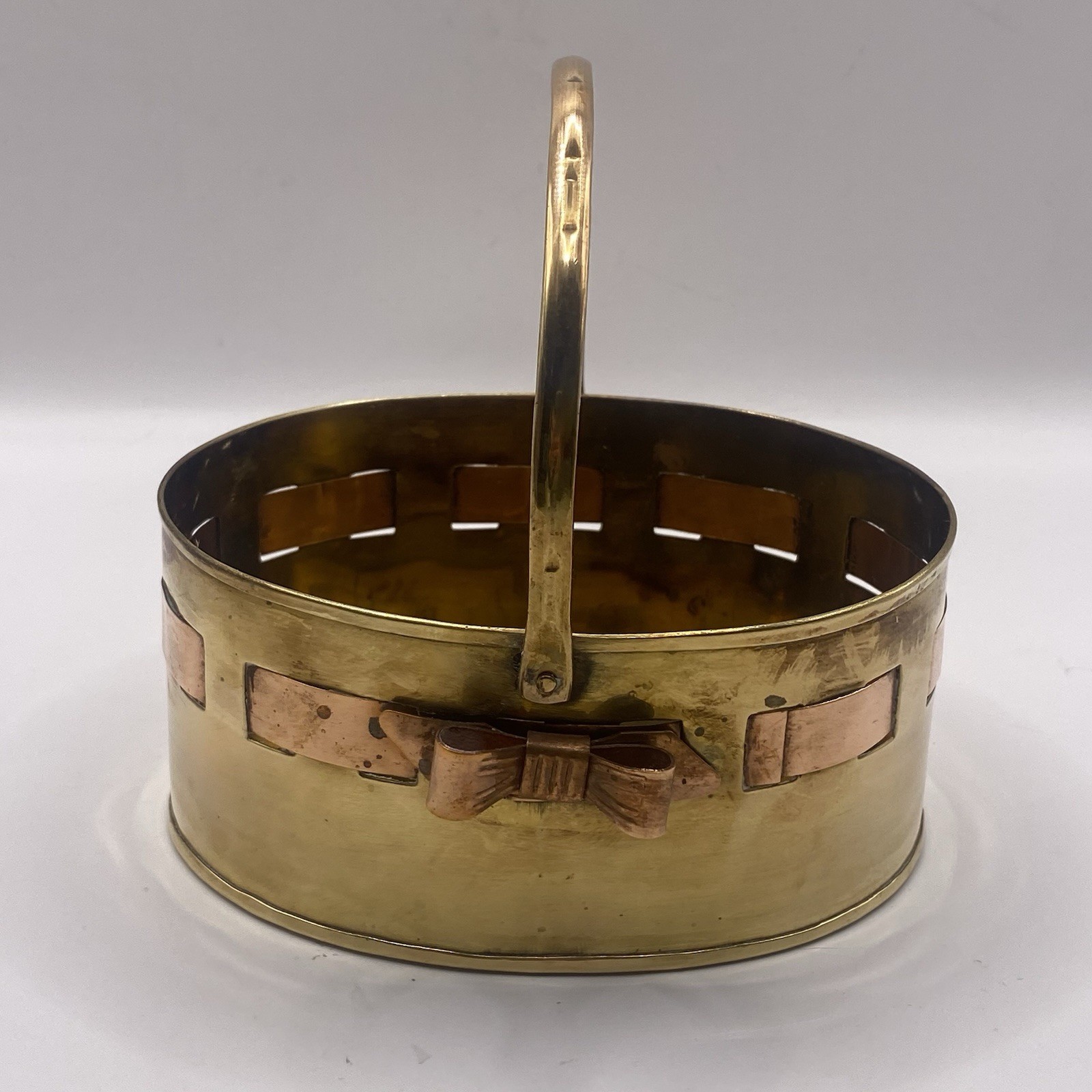Brass Basket with Handle With Woven Design  Bow