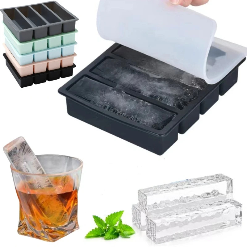4 Grid Silicone Whiskey Ice Tray Large Long Strip Ice Cube Mold Bar Tool