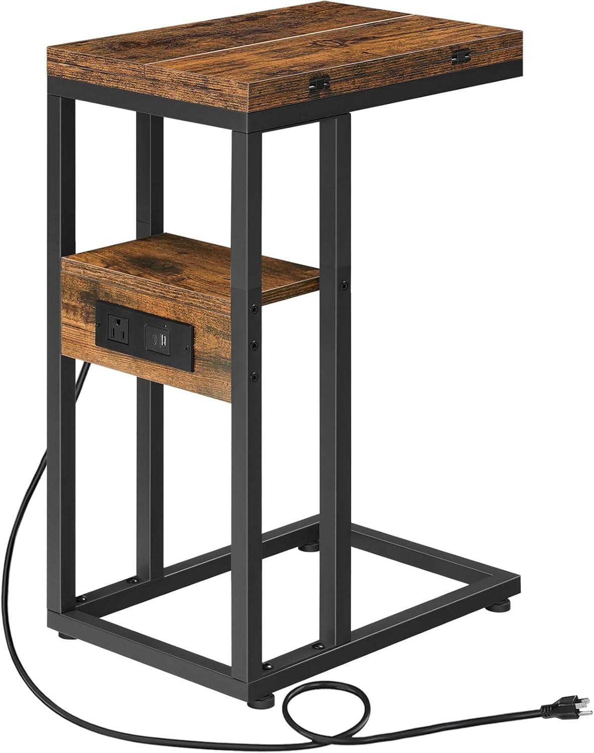 Multi-Functional Rustic C-Shaped Table with Charging Station for Modern Living